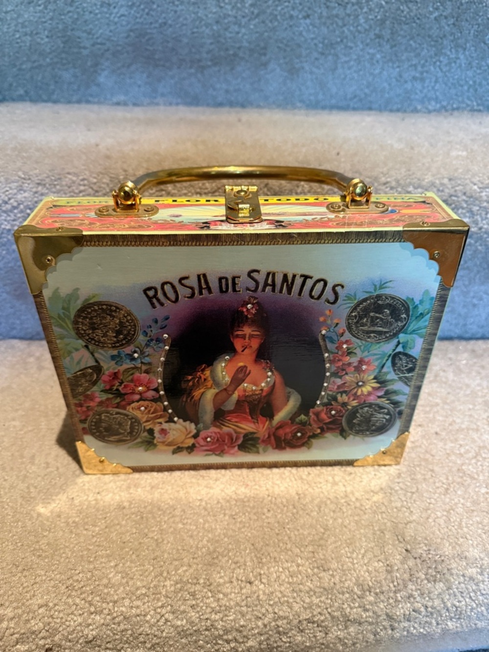 BRAND NEW Vintage “Rosa De Santos” Flor el Todo Cigar Box Purse - Gold Accents